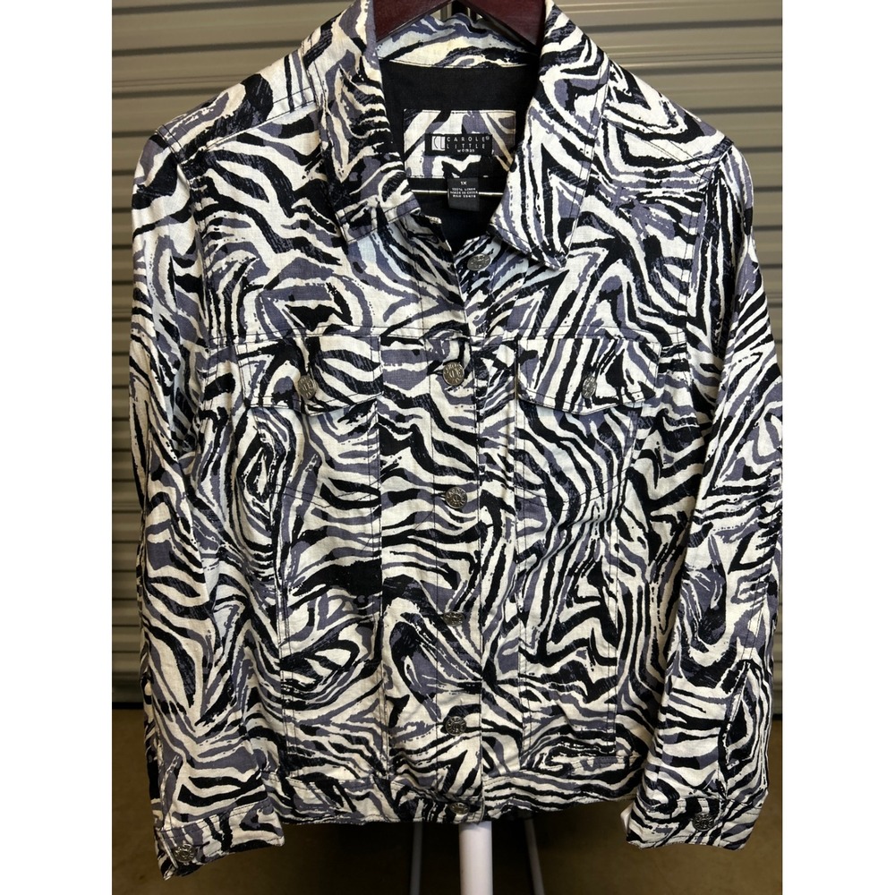Carole Little Jacket Women 1X Black White Zebra Print Linen Trucker Pocket VTG